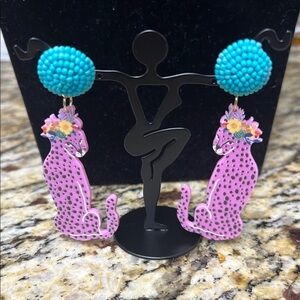 Pink Leopard Statement Earrings – Floral Crown & Turquoise Bead Studs